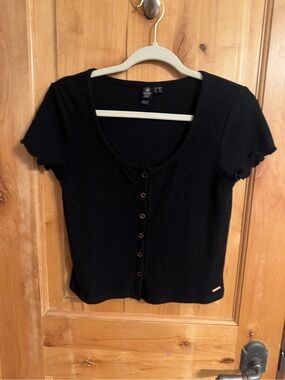 Volcom Black Ribbed Button-Front Crop Top